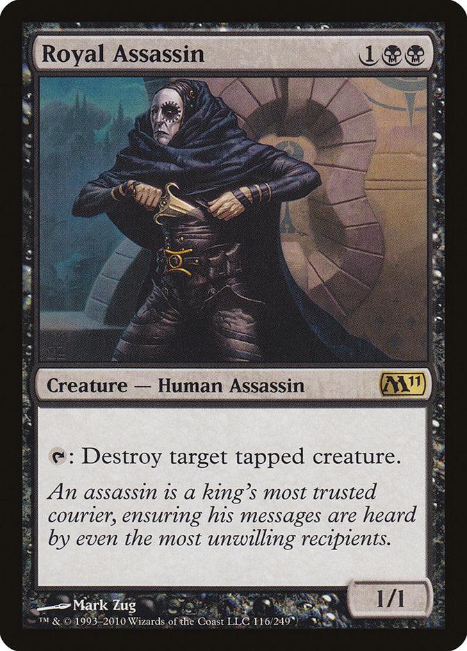 The image is a Royal Assassin [Magic 2011] Magic: The Gathering trading card. This Rare card features an illustration of a masked figure in dark garb holding two daggers, poised for attack. The flavor text reads, 