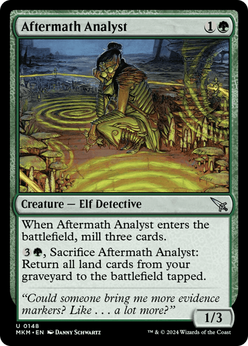 A Magic: The Gathering card titled "Aftermath Analyst [Murders at Karlov Manor]" showcases an Elf Detective examining evidence on a battlefield from the Murders at Karlov Manor. Costing 1G mana, it has power/toughness of 1/3 and features two abilities: mill three cards upon entering the battlefield and an activated ability costing 3G.