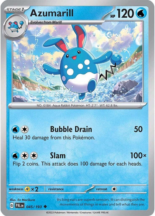 The image features an Azumarill (045/193) [Scarlet & Violet: Paldea Evolved] card from Pokémon. Azumarill, a blue, rabbit-like Water Type creature with polka dots, is depicted with water splashes and has 120 HP. Its moves listed are Bubble Drain and Slam. The card is illustrated by En Morikura.