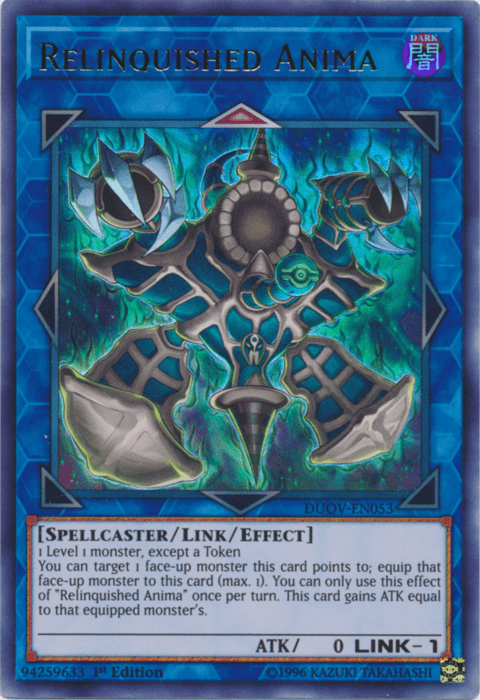 A Yu-Gi-Oh! card titled "Relinquished Anima [DUOV-EN053] Ultra Rare" hails from the Ultra Rare set in Duel Overload. The Yu-Gi-Oh! card features an eerie, spectral spellcaster with dark, clawed arms and a ghostly blue aura. A swirling, mystical design forms the background. Text at the bottom details its Spellcaster, Link, and Effect attributes: ATK 0, LINK