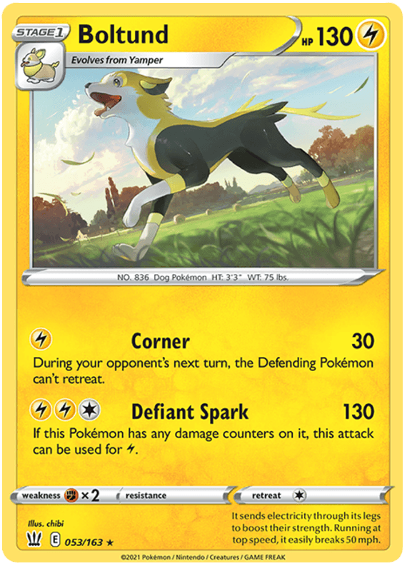 A Pokémon Boltund (053/163) [Sword & Shield: Battle Styles] card from the Sword & Shield series with a yellow border and 130 HP. The card shows Boltund, a dog-like Pokémon with black and yellow fur, racing through a grassy field. It includes two attacks: 