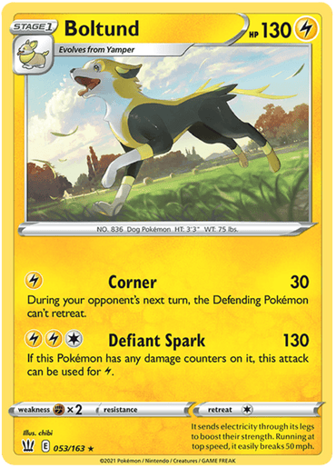 A Pokémon Boltund (053/163) [Sword & Shield: Battle Styles] card from the Sword & Shield series with a yellow border and 130 HP. The card shows Boltund, a dog-like Pokémon with black and yellow fur, racing through a grassy field. It includes two attacks: "Corner" and "Defiant Spark." It's numbered 053/163 from the Battle Styles expansion.