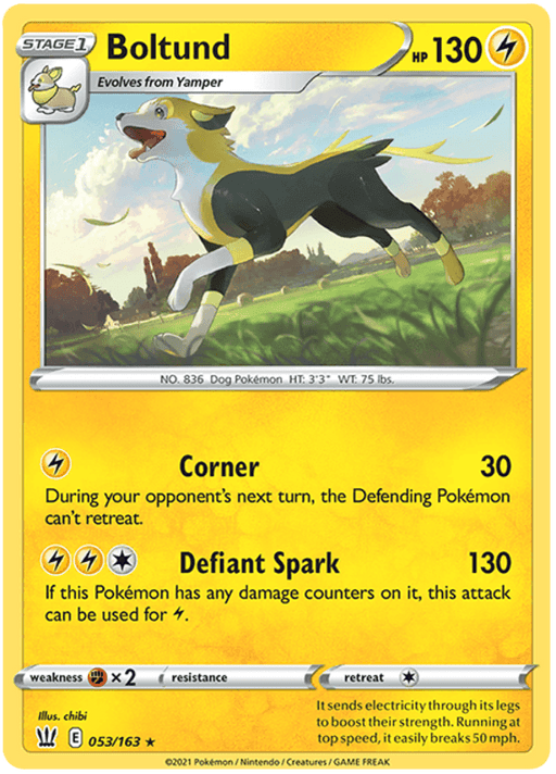 A Pokémon Boltund (053/163) [Sword & Shield: Battle Styles] card from the Sword & Shield series with a yellow border and 130 HP. The card shows Boltund, a dog-like Pokémon with black and yellow fur, racing through a grassy field. It includes two attacks: "Corner" and "Defiant Spark." It's numbered 053/163 from the Battle Styles expansion.