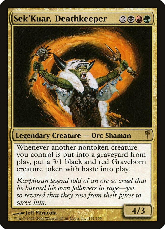 The image depicts a Magic: The Gathering card titled "Sek'Kuar, Deathkeeper [Coldsnap]." This Legendary Creature is an Orc Shaman with a power/toughness of 4/3. Hailing from the Coldsnap set, the artwork shows an Orc shaman wielding a staff and emanating green energy, while its abilities and flavor text are prominently featured.