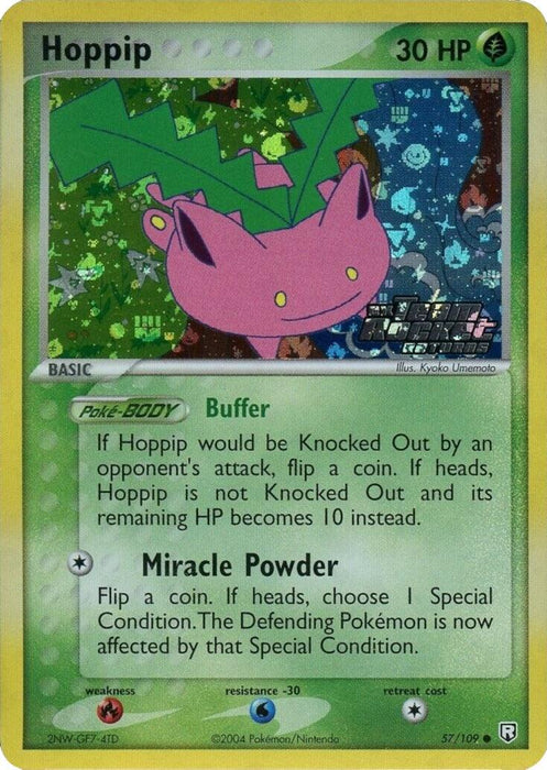 A Pokémon trading card named "Hoppip (57/109) (Stamped)" from the "EX: Team Rocket Returns" series, featuring Hoppip, a smiling, pink, cat-like creature with a green leaf on its head. This green card is labeled as a "Basic" Grass type with 30 HP and common rarity. Hoppip's abilities are "Buffer" and "Miracle Powder," with vivid artwork and game text in English.