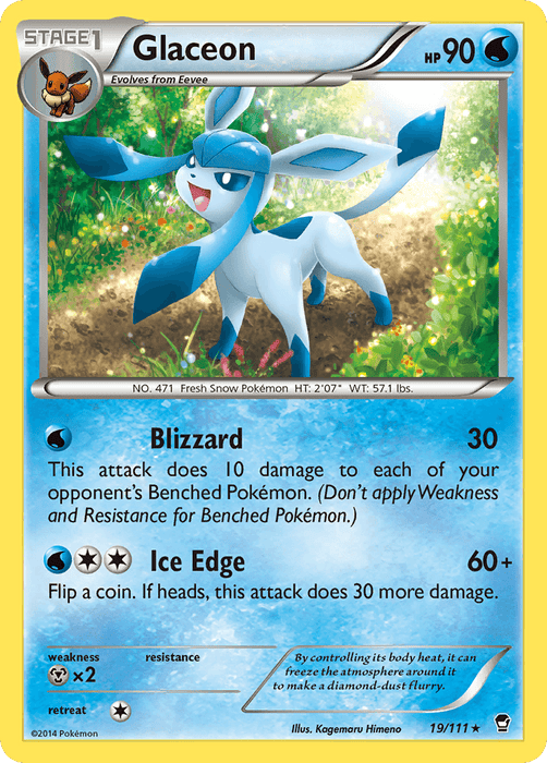 A rare Glaceon (19/111) [XY: Furious Fists] Pokémon card with a silver border and yellow edges. Glaceon is a light blue, fox-like creature with dark blue diamond patterns on its body and long ribbon-like appendages on its head. The Water Type card has an HP of 90 and two attacks: Blizzard and Ice Edge. The card's number is 19/111.
