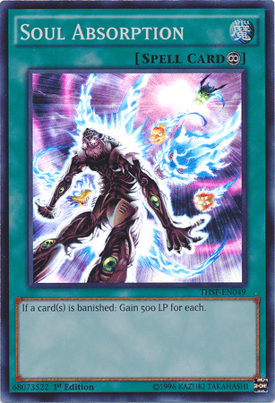 The image is a Yu-Gi-Oh! trading card titled "Soul Absorption [THSF-EN049] Super Rare." It is a Spell Card indicated by its green border and the "Spell Card" text in the top center. The artwork, reminiscent of "The Secret Forces" set, depicts a humanoid figure with metallic and glowing features amidst flying, ethereal spirits. The card's effect reads: "If a card(s