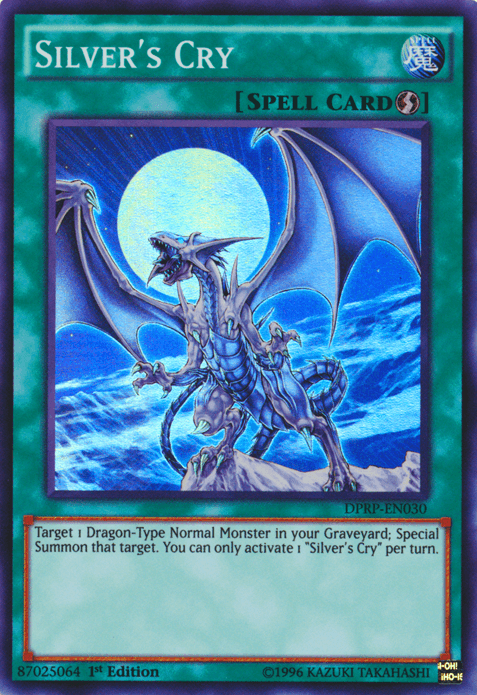 A "Yu-Gi-Oh!" trading card named Silver's Cry [DPRP-EN030] Super Rare. The card depicts a blue, dragon-like creature emerging from a cave with a full moon in the background. Part of the Duelist Pack, this Spell Card allows you to target 1 Dragon-Type Normal Monster in your Graveyard and Special Summon it.