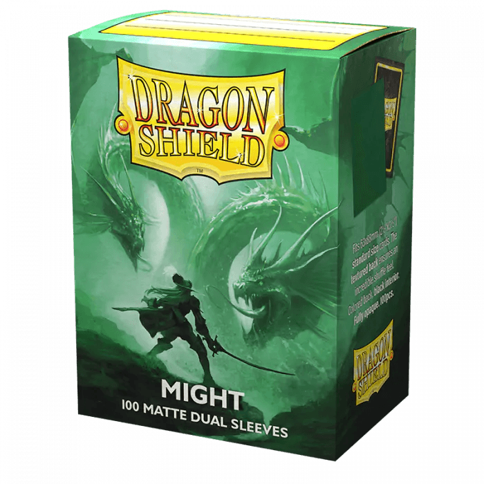 A captivating box of Dragon Shield: Standard 100ct Sleeves - Might (Dual Matte) by Arcane Tinmen features stunning card art with a warrior and two massive dragons, set against a green backdrop. The text reads "Might 100 Dual Matte Sleeves," highlighting the sleek black interior. The Dragon Shield logo is prominently displayed at the top, with additional product information on the sides.