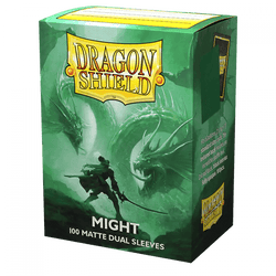 A captivating box of Dragon Shield: Standard 100ct Sleeves - Might (Dual Matte) by Arcane Tinmen features stunning card art with a warrior and two massive dragons, set against a green backdrop. The text reads "Might 100 Dual Matte Sleeves," highlighting the sleek black interior. The Dragon Shield logo is prominently displayed at the top, with additional product information on the sides.