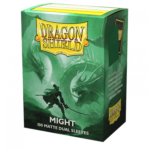 A captivating box of Dragon Shield: Standard 100ct Sleeves - Might (Dual Matte) by Arcane Tinmen features stunning card art with a warrior and two massive dragons, set against a green backdrop. The text reads "Might 100 Dual Matte Sleeves," highlighting the sleek black interior. The Dragon Shield logo is prominently displayed at the top, with additional product information on the sides.