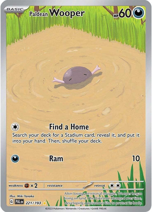 A Pokémon card featuring Paldean Wooper (221/193) [Scarlet & Violet: Paldea Evolved] from the Pokémon series. Wooper is a small, purple creature lying on its back in a muddy puddle with a relaxed expression. The card, part of Scarlet & Violet: Paldea Evolved, has 60 HP and moves "Find a Home" and "Ram." Tall grasses adorn the background. Illustrated by Miki Tanaka.