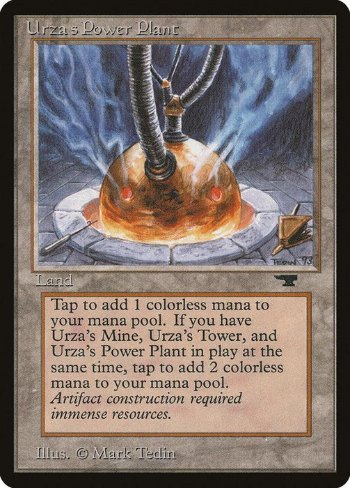 A Magic: The Gathering card from the Antiquities set named "Urza's Power Plant (Heated Sphere)." The art features a large, metallic sphere with three tubes emitting energy. The card text details its ability to add colorless mana and synergizes with Urza's Mine and Urza's Tower. The card's border is black.