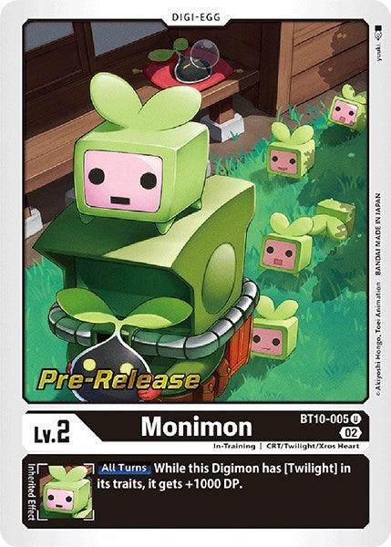 A trading card image features a green rectangular digital creature called Monimon with a small screen face and leaf-like antennae. Text below says it’s a Level 2 Digimon with increased power during Twilight, illustrated with multiple Monimons in a grassy environment. A "Pre-Release" label is present from the Xros Encounter series. This product is Monimon [BT10-005] [Xros Encounter Pre-Release Cards], part of the Digimon brand.