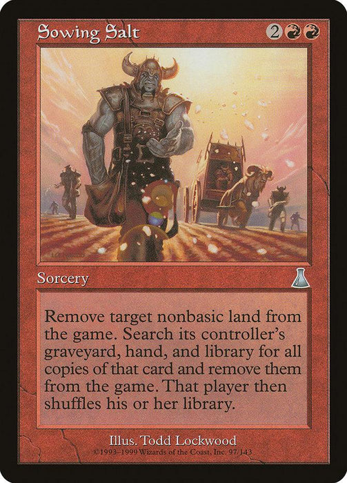 A Magic: The Gathering card titled "Sowing Salt [Urza's Destiny]" features a large, armored figure with horns scattering a glowing substance. The background showcases a sunset and several smaller figures. The red borders and text box accentuate its Sorcery nature, with detailed information and artwork credit visible.