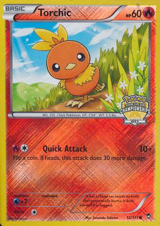 An image of a Pokémon trading card featuring Torchic. Torchic, a small orange chick with yellow feathers on its head, is depicted standing on grass with a blue sky background. The card details include 60 HP, the move 