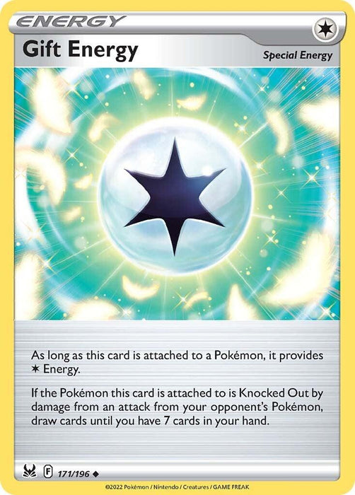 A Pokémon trading card named "Gift Energy (171/196) [Sword & Shield: Lost Origin]" is shown. The card, part of the Pokémon series, features a bright, radiant background with a central black star in a white circle. This uncommon card provides colorless energy to a Pokémon. If the equipped Pokémon is knocked out, the player draws cards.
