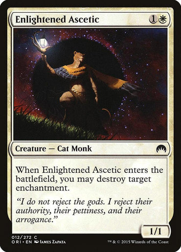 The Magic: The Gathering product, "Enlightened Ascetic [Magic Origins]," showcases an anthropomorphic Cat Monk holding a glowing orb. For 1 generic and 1 white mana, this Creature enters the battlefield and destroys an enchantment. Its power and toughness are 1/1.