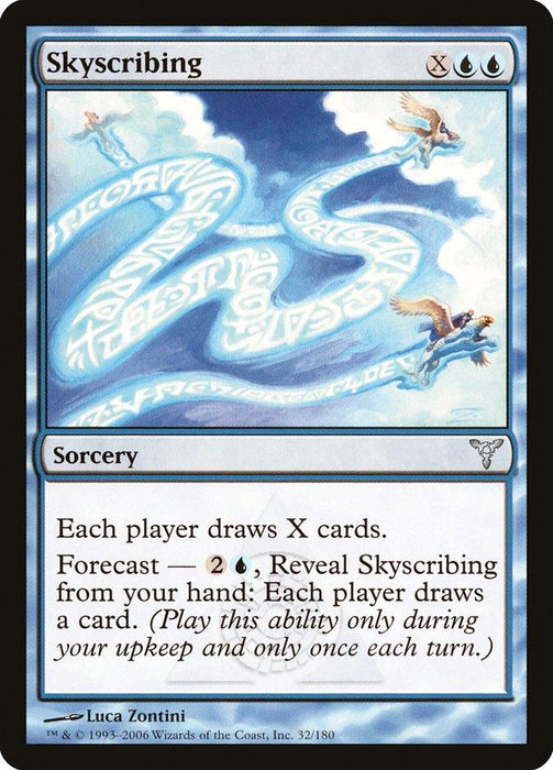 The image is a Magic: The Gathering card named "Skyscribing [Dissension]," an uncommon sorcery. It showcases blue skies with swirling clouds shaped like letters, and winged figures soaring. The card text details its ability to draw cards and includes a forecast ability, indicated by the blue mana symbols.