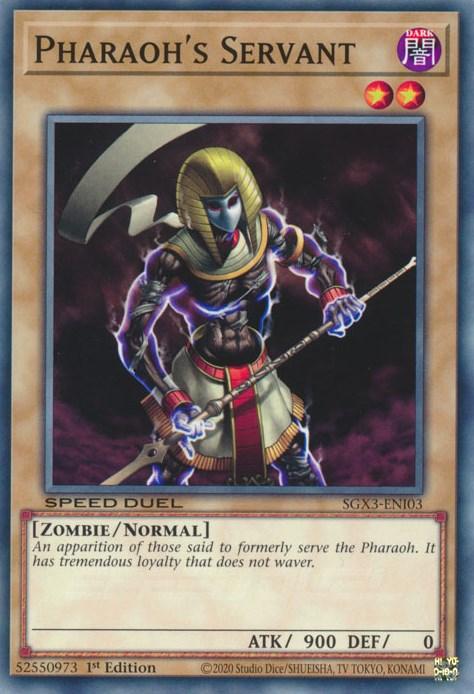 The image shows a Yu-Gi-Oh! trading card named "Pharaoh's Servant [SGX3-ENI03] Common". The artwork features a mummified figure in ancient Egyptian attire with a striped headdress, holding a curved sword. The 1st Edition card is part of the "Speed Duel GX" series and categorized as a "Zombie/Normal Monster" with 900 ATK and 0 DEF.