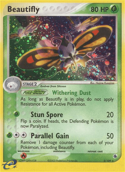 Image of a Beautifly Pokémon card. Beautifly is depicted with vibrant wings, surrounded by a forest backdrop. This Holo Rare card shows it has 80 HP and lists its abilities: “Withering Dust,” “Stun Spore” with an attack of 20, and “Parallel Gain” with an attack of 50. The Grass-type card is numbered Beautifly (2/109) [EX: Ruby & Sapphire].