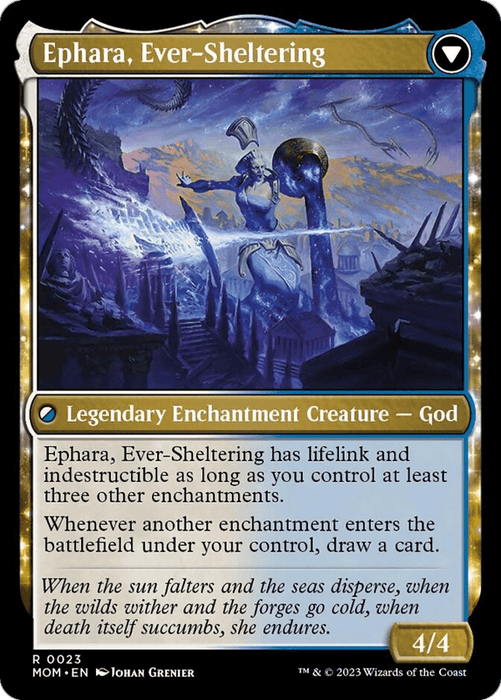 Image of a Magic: The Gathering card titled "Invasion of Theros // Ephara, Ever-Sheltering [March of the Machine]." The card features fantasy artwork of a godly figure holding a staff, standing in a grand structure with ethereal energy. Amid the March of the Machine, Ephara grants lifelink, indestructibility, and draws cards when enchantments enter the battlefield.