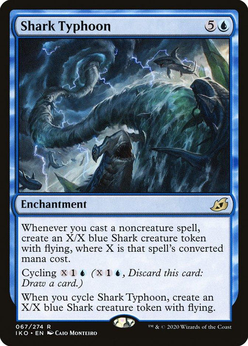 A **Magic: The Gathering** card titled **Shark Typhoon [Ikoria: Lair of Behemoths]**. It costs 5 colorless and 1 blue mana, featuring an enchantment with a typhoon filled with sharks. Its abilities include creating blue Shark creature tokens with flying and a cycling cost.