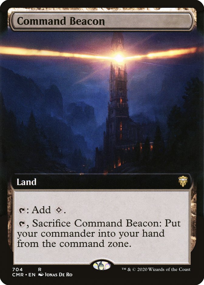 Command Beacon (Extended Art) [Commander Legends] from Magic: The Gathering showcases a towering structure against a dramatic sunset. This striking illustration emphasizes its categorization as 