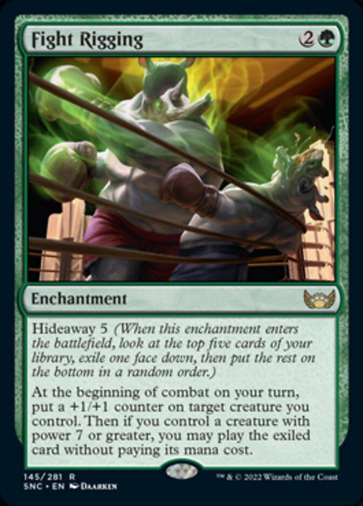 An image of a Magic: The Gathering card named "Fight Rigging [Streets of New Capenna]" from the Streets of New Capenna set. This green enchantment card with a mana cost of 2G features art depicting two humanoid figures brawling. It includes the Hideaway 5 ability and places a +1/+1 counter on a creature you control.