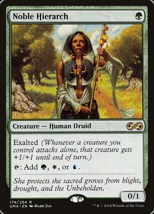 A Magic: The Gathering Noble Hierarch [Ultimate Masters] card. It features a detailed illustration of a Creature — Human Druid holding a staff, adorned with gold accents. The card text states "Exalted" and its effects, with two mana symbols in the bottom left corner.