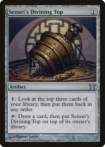 In the Magic: The Gathering card game, "Sensei's Divining Top" from the Champions of Kamigawa collection can be played for 1 colorless mana. This artifact card, illustrated with a mystical engraved spinning top, boasts potent abilities that allow players to manipulate and draw cards from their library.