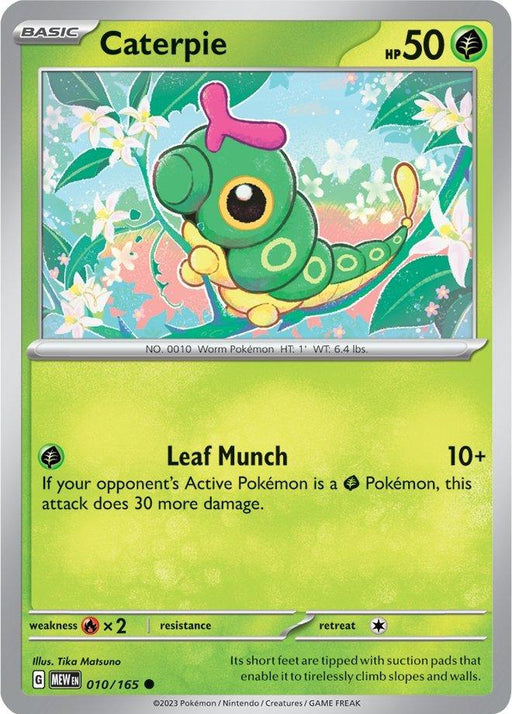 A Pokémon Caterpie card (010/165) [Scarlet & Violet: 151] from the set featuring Caterpie, a green caterpillar-like creature with large yellow eyes and antennae. This common card shows its basic stats: 50 HP, Grass type, attack move "Leaf Munch," and weaknesses. Its Pokédex number is #010, height 1’0”, and weight 6.4 lbs. Illustrated by Pokémon.
