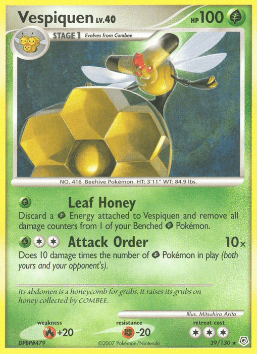 Image of a Vespiquen (39/130) [Diamond & Pearl: Base Set] Pokémon card featuring Vespiquen. The primarily green and yellow card showcases Vespiquen, a queen bee-like Pokémon holding a honeycomb. This Grass type boasts 100HP with moves Leaf Honey and Attack Order. Weakness: +20 to Fire, Resistance: -20 to Fighting, Retreat Cost: 2 stars.