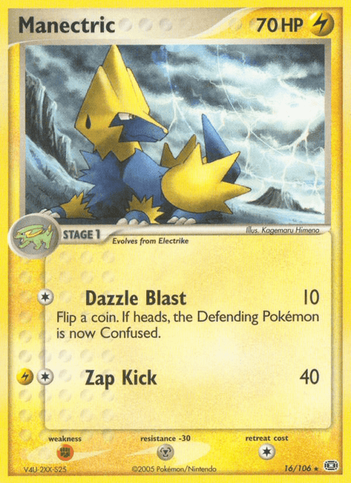 An image of a Pokémon trading card featuring Manectric. The Lightning type card has 70 HP, with moves "Dazzle Blast" and "Zap Kick." It shows an illustration of Manectric set against a stormy background. Numbered 16/106, it's part of the 2005 EX: Emerald series.