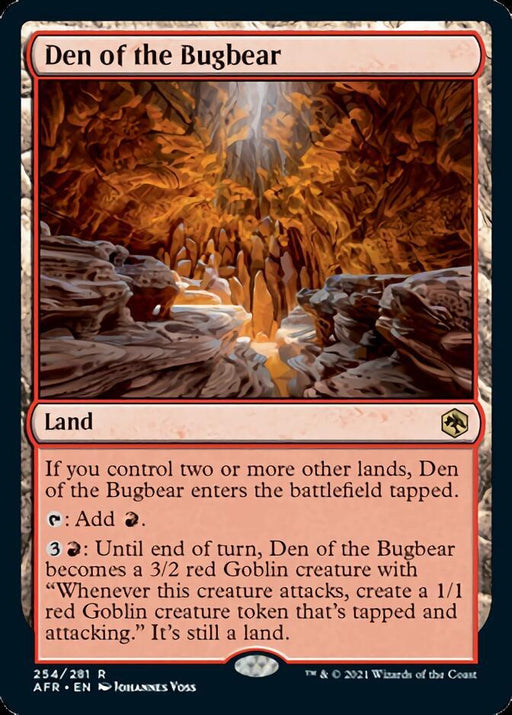 The image is a Magic: The Gathering card named "Den of the Bugbear [Dungeons & Dragons: Adventures in the Forgotten Realms]." It's a land card with artwork depicting a cavern filled with stalactites, stalagmites, and warm light emanating from the cave's center. The card text outlines its abilities, including generating red mana and transforming into a Goblin creature.
