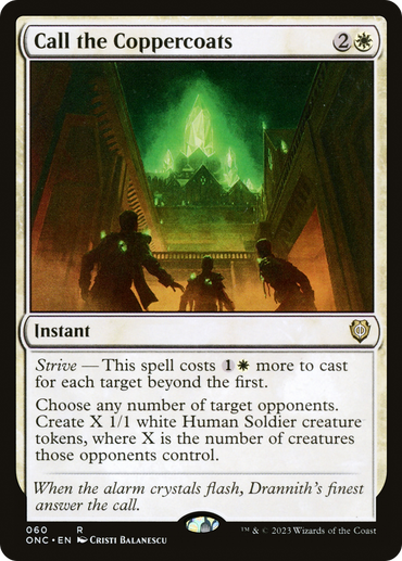 The *Call the Coppercoats* card from Magic: The Gathering's *Phyrexia: All Will Be One Commander* set casts vibrant green tones as luminous soldiers advance through a futuristic hall beneath crystalline structures, creating Human Soldier creature tokens and enhancing the story with evocative flavor text.