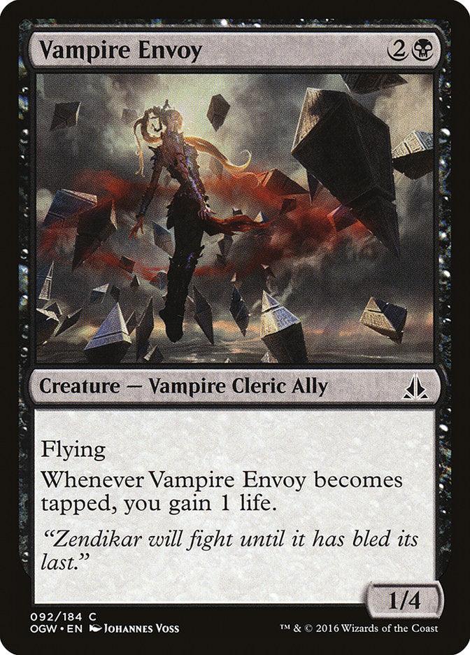 The Magic: The Gathering card, Vampire Envoy [Oath of the Gatewatch], costs 2 colorless and 1 black mana. Set against a dark, rocky Zendikar landscape, this Vampire Cleric Ally boasts 1 power and 4 toughness. The card text reads: 