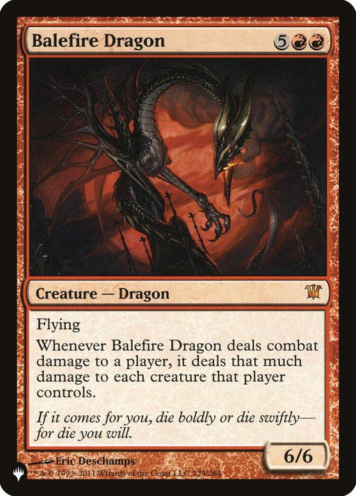 Card image of Mythic "Balefire Dragon [The List]" from Magic: The Gathering. The artwork depicts a menacing black and red dragon with large, outstretched wings, flying amidst a fiery background. The card's text box details its abilities, including flying and dealing damage. The card's stats show it as a 6/6 creature.