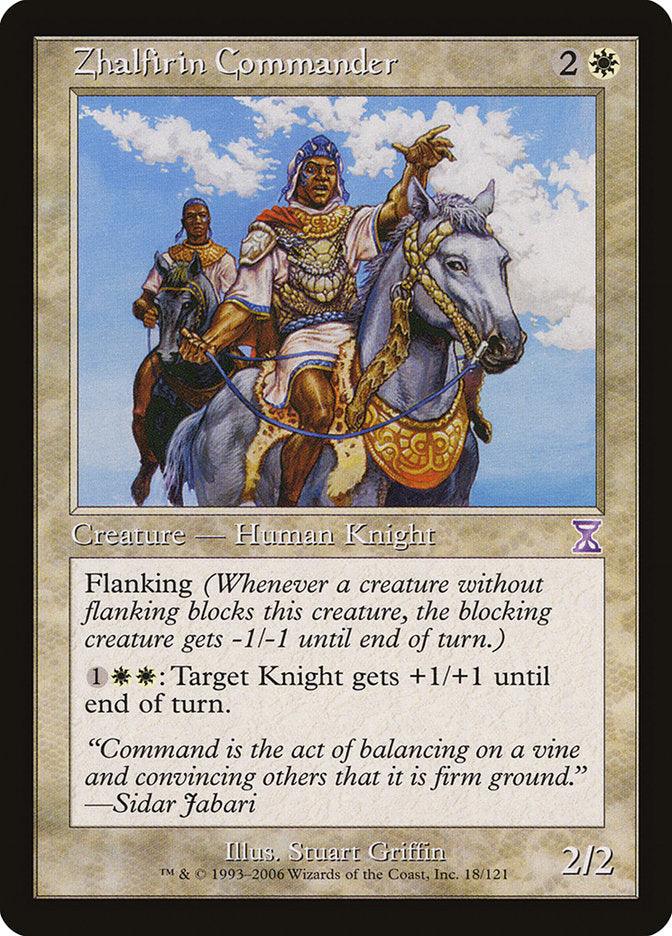 A Magic: The Gathering product named Zhalfirin Commander [Time Spiral Timeshifted] from the Time Spiral Timeshifted set. This Creature Human Knight features ornate armor and a sword, riding majestically on horseback. With a cost of 2W, it boasts a 2/2 power/toughness and flanking, alongside W(B/W)W: Target Knight gets +1/+1 until end of.