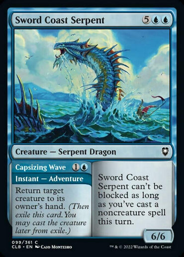 A Magic: The Gathering card named "Sword Coast Serpent // Capsizing Wave [Commander Legends: Battle for Baldur's Gate]" features an illustration by Caio Monteiro, showing a large blue Serpent Dragon emerging from turbulent ocean waves. This 6/6 card includes two abilities: Capsizing Wave as an Instant Adventure and unblockable under conditions.