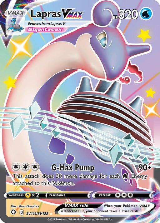 A Pokémon card depicts Lapras VMAX (SV111/SV122) [Sword & Shield: Shining Fates] in its Gigantamax form. The Water Type, Ultra Rare card from Pokémon boasts colorful, holographic details with Lapras taking up most of the space. It features large, sparkly elements and rounded shapes with musical notes. It has 320 HP and uses the move "G-Max Pump.