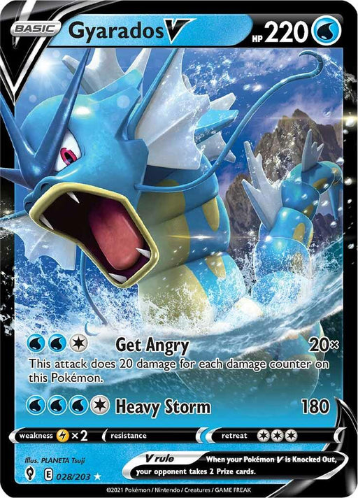 A Pokémon card depicts Gyarados V, a fierce blue sea serpent Pokémon with menacing fangs and a roaring mouth. The Ultra Rare card shows stats like 220 HP. The moves listed are Get Angry and Heavy Storm. Card number 028/203 from the Evolving Skies series showcases a water background with stormy seas and lightning strikes. The product name is Gyarados V (028/203) [Sword & Shield: Evolving Skies] by Pokémon.