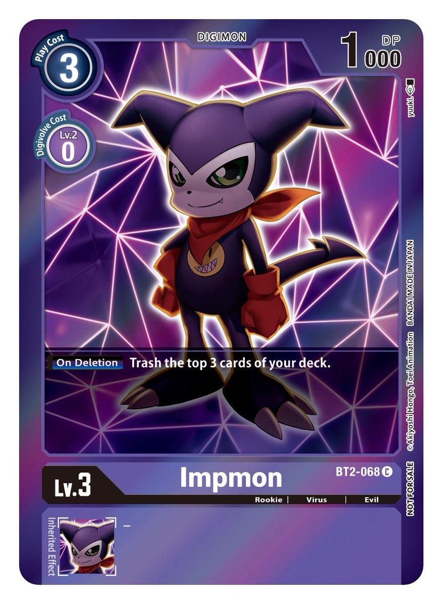 An Impmon [BT2-068] trading card from the Digimon Event Pack 2, part of the Release Special Booster Ver.1.0 collection. The card features a distinctive purple border with a triangular, glowing background. Impmon, depicted as a small, devilish Virus Digimon with purple skin, a red scarf, and green eyes, is the central character. The card's text specifies an effect to 