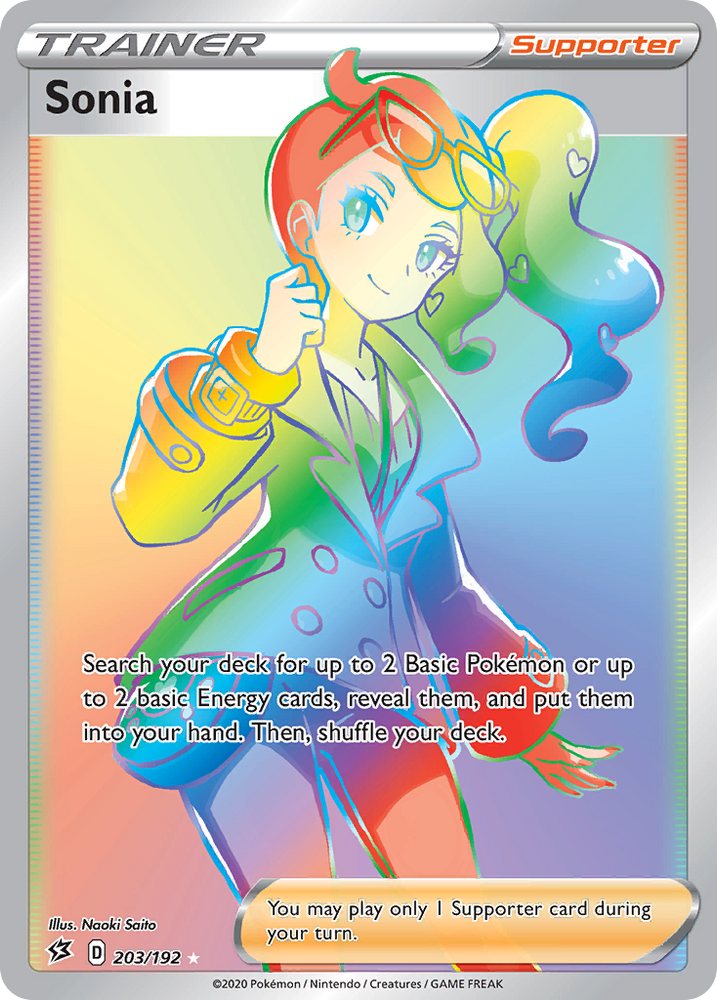 The image is a holographic Pokémon Trainer Supporter card featuring Sonia from the Rebel Clash set. This Secret Rare card of Sonia (203/192) [Sword & Shield: Rebel Clash] by Pokémon showcases her with a colorful, rainbow-hued design. She has green eyes and vibrant red hair styled in a bun with a yellow ribbon, wearing a green coat. The text details her card effect and usage.