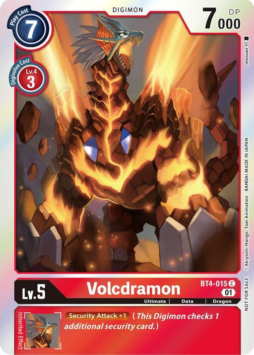 A Digimon trading card featuring Volcdramon [BT4-015] (ST-11 Special Entry Pack) [Great Legend Promos] from the Great Legend Promos. The card is predominantly red and showcases a fiery, dragon-like creature with lava-like skin and blue glowing eyes. It has a play cost of 7, a level of 5, and 7000 DP. The card includes the special effect: "Security Attack +1 (This Digimon checks 1 additional security).