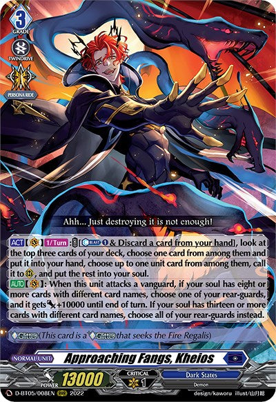 A fantasy trading card from Bushiroad titled "Approaching Fangs, Kheios (D-BT05/008EN) [Triumphant Return of the Brave Heroes]," features a fierce character with red and black hair, pointy ears, and sharp fangs. Dressed in an ornate dark outfit with purple and gold accents, this enigmatic figure from Dark States is set against a stormy, mystical landscape. The card text elaborates on the unique abilities of Kheios.