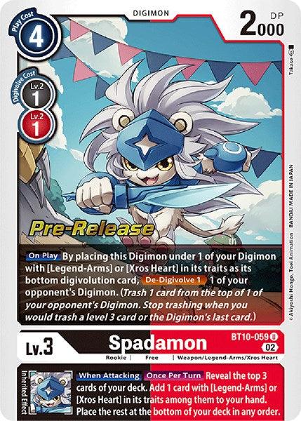 Image of a Spadamon [BT10-059] card from the Digimon TCG. This Pre-Release card from the Xros Encounter set features a white lion-like character wearing a blue helmet, blue armor, and wielding a large sword. The card includes details on play cost, level, type, abilities, and specific game stats.