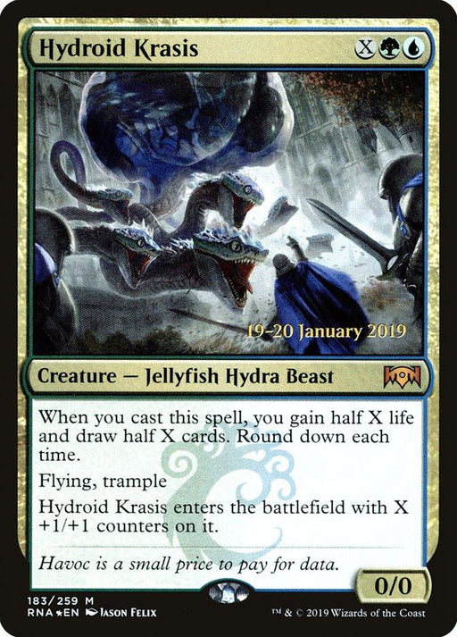 The Magic: The Gathering card, "Hydroid Krasis [Ravnica Allegiance Prerelease Promos]," features art of a multi-headed beast with tentacles and a jellyfish-like appearance, attacking soldiers. The card frame shows its cost as "XGU" (green and blue mana), counters, and the creature type "Jellyfish Hydra Beast," perfect for Prerelease Promos.