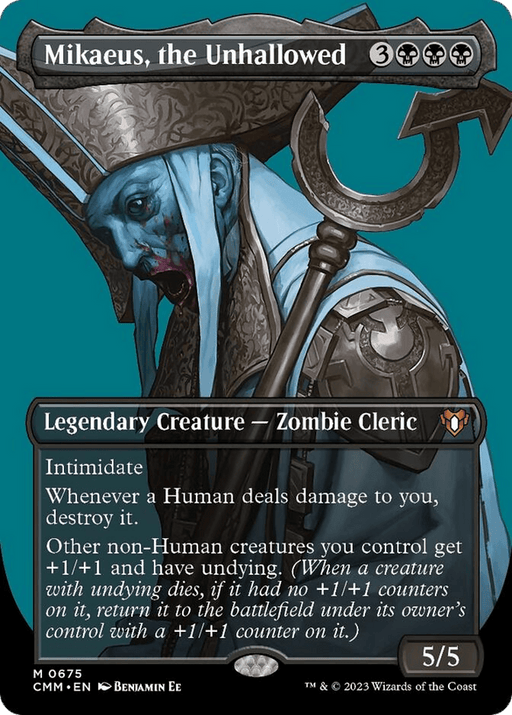 A Magic: The Gathering card titled "Mikaeus, the Unhallowed (Borderless Profile) [Commander Masters]." It depicts a blue-skinned, humanoid zombie cleric wearing a tattered blue robe and tall hat. This mythic rarity card costs 3 black mana and 3 generic mana, has a power/toughness of 5/5, and features multiple abilities including "Intimidate" and