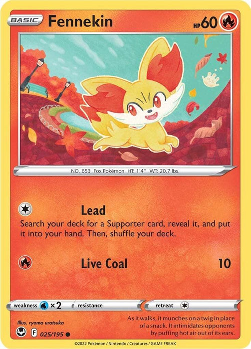 A Pokémon trading card featuring Fennekin, a small, fox-like creature with large ears and a bushy tail. Set against a vibrant, autumn-themed landscape with leaves, this Pokémon Fennekin (025/195) [Sword & Shield: Silver Tempest] card has 60 HP and moves "Lead" and "Live Coal." Weaknesses, resistance, and retreat cost information are also included at the bottom.